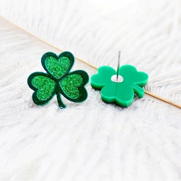 Shamrock Earrings-3 Leaf Clover Stud-St Patricks Day Earrings-Sparkly Green Stud - Picture 2 of 8